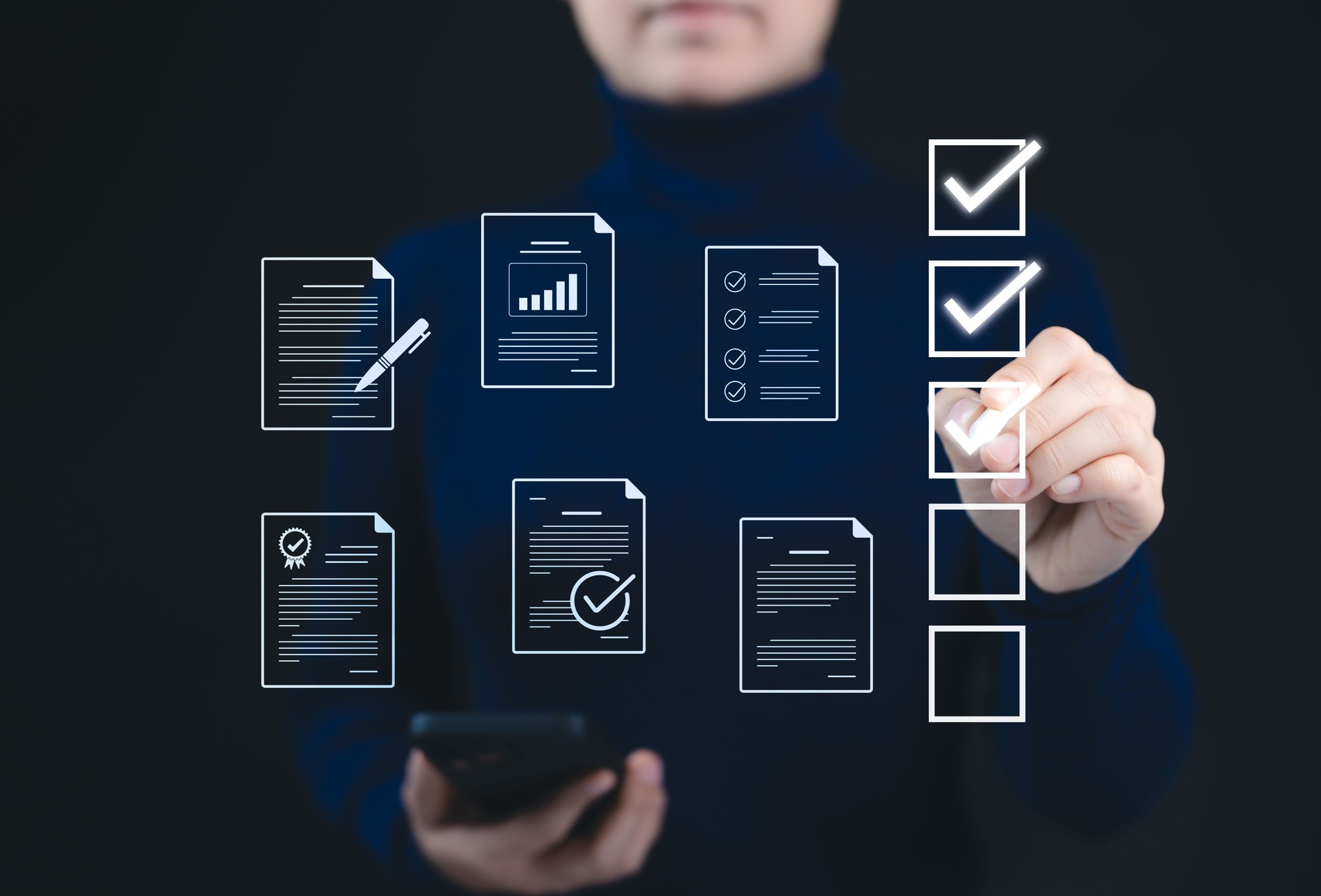 Quality Assurance and Document Control with Checklist Icons. A person marks off items on digital checklist, representing quality assurance and document control processes, verification, and compliance.
