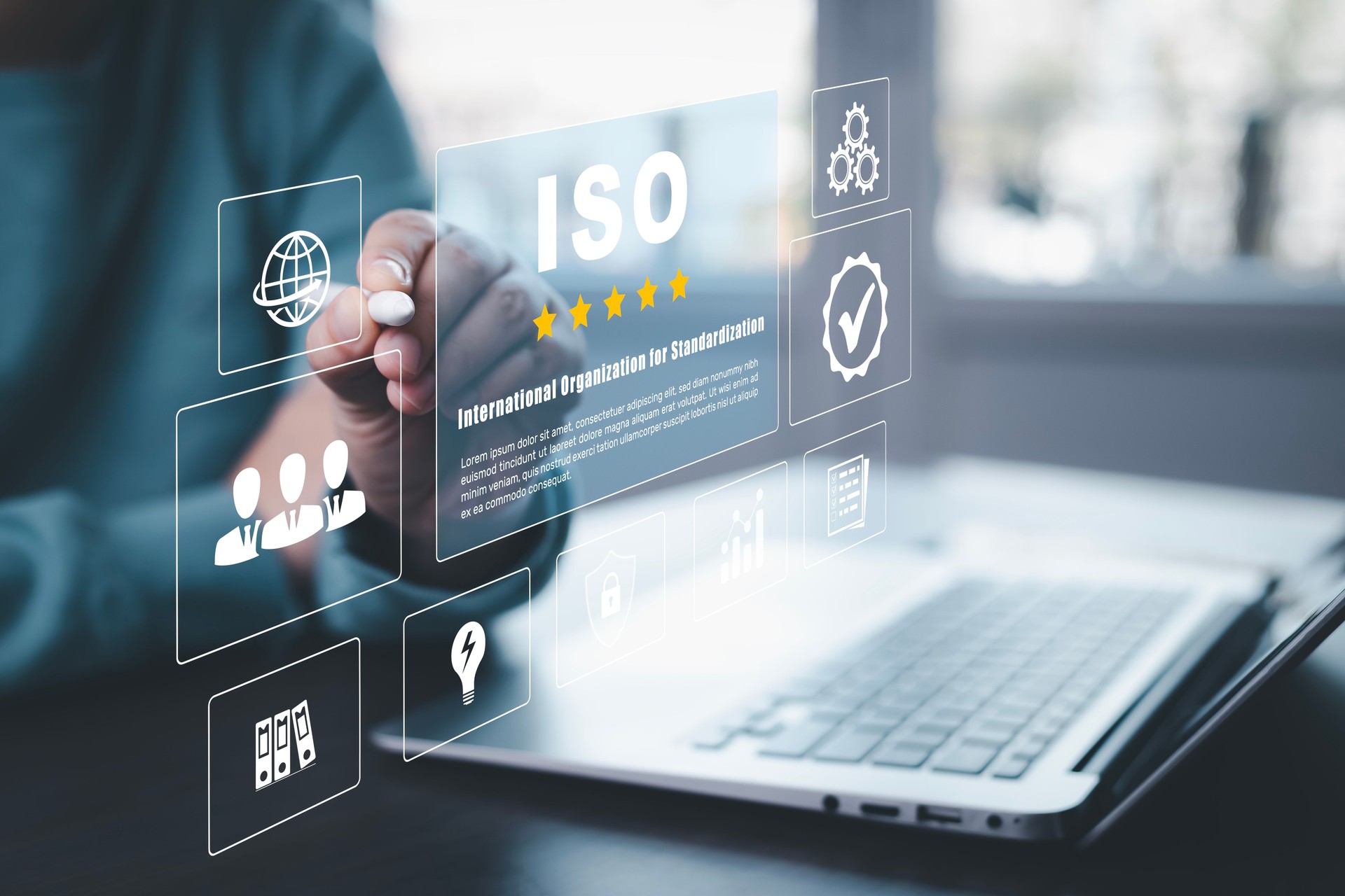 Business people working Laptops with ISO standards quality control concept, assurance warranty, Quality control standards, Researching international standards organization, Business technology concept