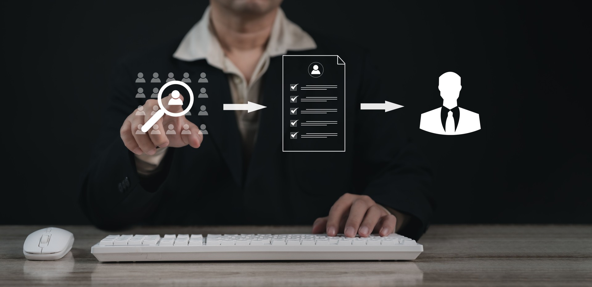 Recruitment people or Human Resource Management (HR) concept : Bussinessman using laptop for human development recruitment leadership and customer target group to enter the position in company.