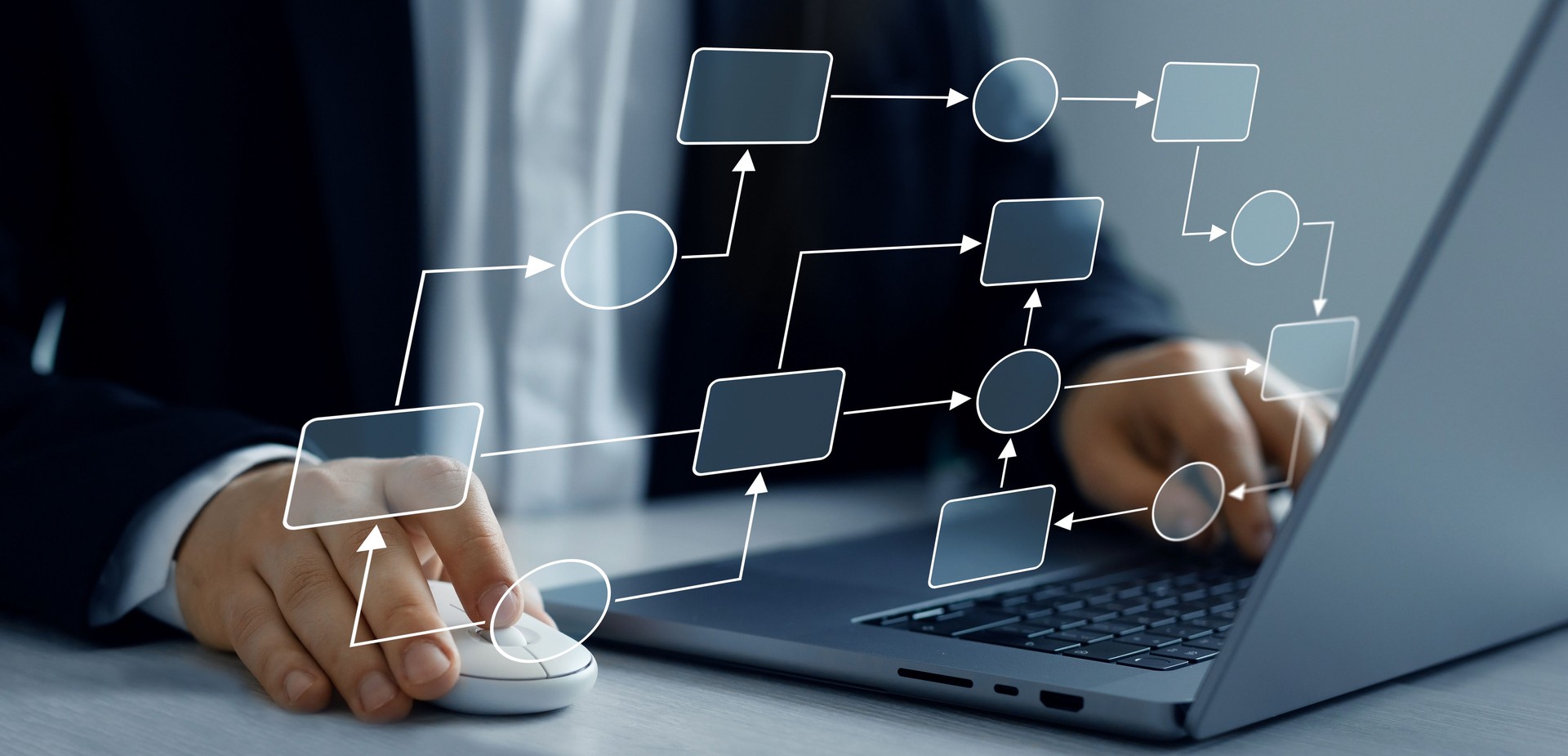 Chart scheme hierarchy management of corporate. Digital technology of business process and workflow automation with flowchart and processing management.