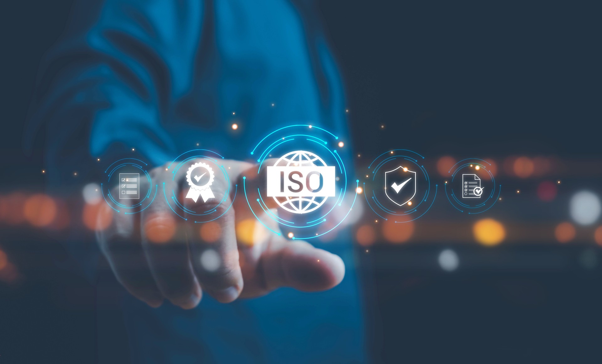 ISO standards quality control, assurance and warranty business technology concept. Touching on screen with ISO and globe icons on smart background. ISO Standard certification. Modern ISO banner.