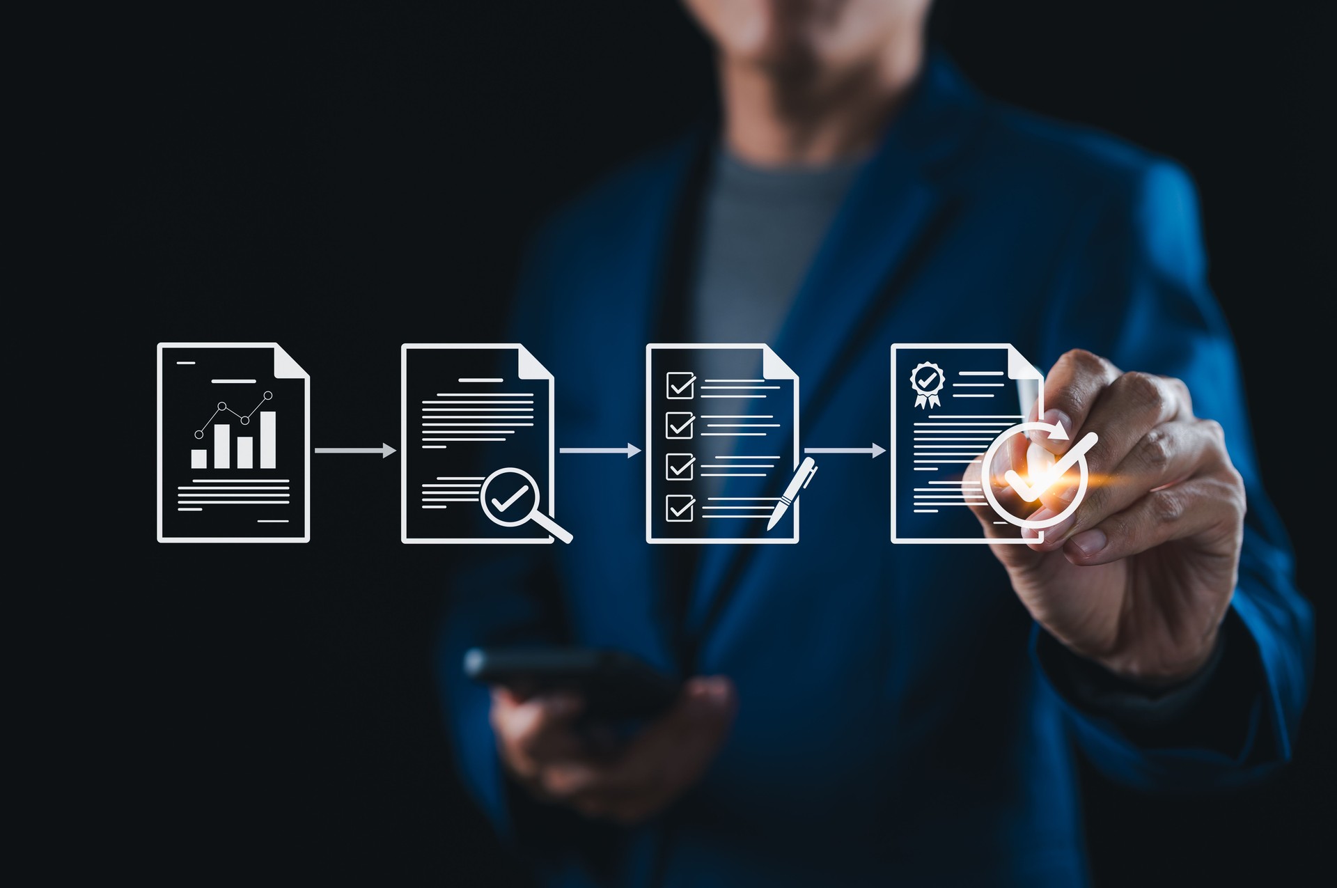 Document Review and Quality Control Process. Businessman interacts with document review and quality control process with digital icons checklist verification, approval, performance tracking. QC, ISO,